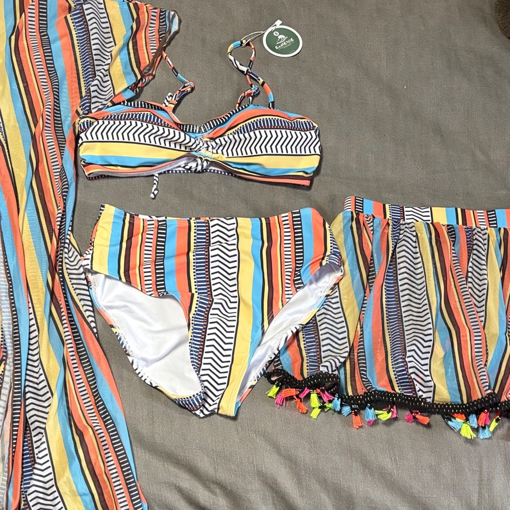 Striped Multicolor Bandeau Bikini Set with Tassel Skirt
